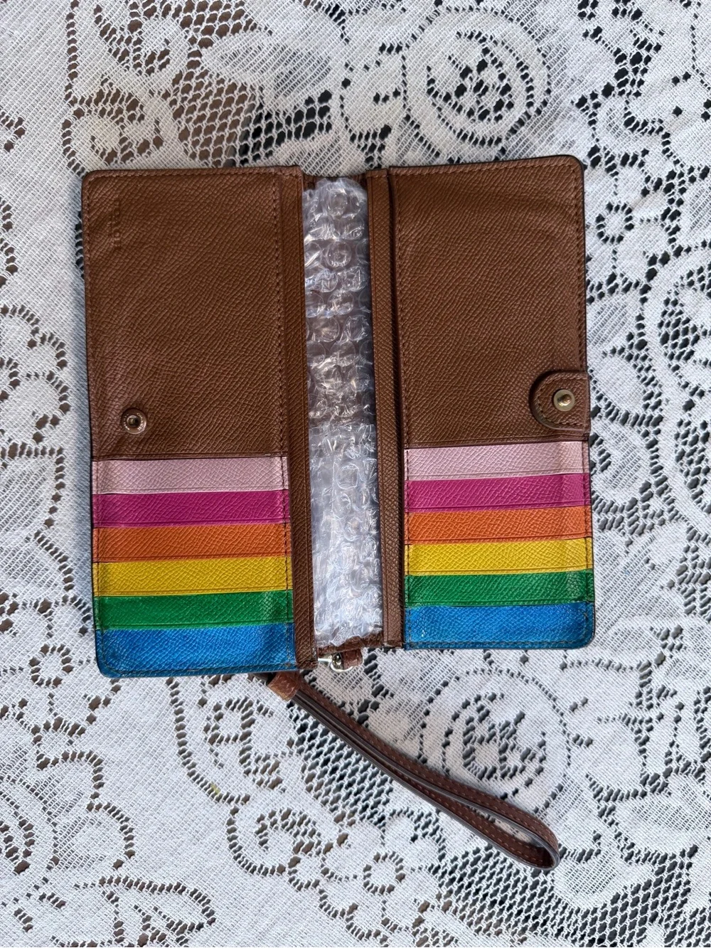 Coach Brown Leather Zip Wristlet with Rainbow Stripe Accent